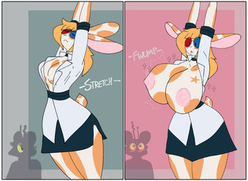 anthro areola big_breasts blonde_hair border breast_expansion breasts clothing expansion eyewear female fur glasses growth hair huge_breasts markings multicolored_eyewear multicolored_glasses nipples simple_background spots spotted_body spotted_fur text thick_thighs transformation two_tone_eyewear two_tone_glasses white_border wide_hips stareostar starry_(stareostar) lagomorph leporid mammal rabbit 11:8 comic digital_media_(artwork) english_text hi_res