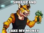 2016 4:3 angry anthro bangle brown_stripes clothed clothing ear_piercing english_text felid fur gold_(metal) gold_earring gold_jewelry green_eyes hair holding_money holding_object jewelry male malibupup mammal meme money multicolored_body multicolored_fur open_mouth orange_body orange_fur pantherine piercing pink_nose pink_tongue ring sharp_teeth shut_up_and_take_my_money solo striped_body striped_fur stripes teeth text tiger tongue white_body white_fur young