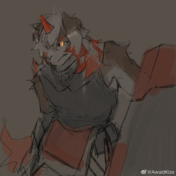 anthro brown_body brown_fur clothed clothing floppy_ears front_view fur grey_hair hair holding_object holding_shield horn long_hair male male_anthro multicolored_hair orange_eyes red_hair red_horn shield solo standing text two_tone_hair weibo_logo white_body white_fur awaldkize arknights hypergryph studio_montagne weibo hung_(arknights) canid canine mammal 1:1 artist_name portrait sketch three-quarter_portrait