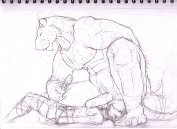 anthro anthro_raping_human balls balls_on_face barazoku big_balls big_penis bound crouching dominant dominant_anthro duo erection feet forced fur genitals human_on_anthro interspecies male male/male navel nipples nude penis rape sex simple_background size_difference smile tea_bagging white_background jeri_kleinlowe felid human mammal pantherine tiger traditional_media_(artwork)