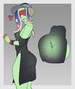 anus areola baseball_cap big_butt black_clothing black_dress blue_hair blush blush_lines border bracelet breasts butt clothing dress electronics exclamation_point eyewear female genitals green_anus green_areola green_body green_nipples green_skin green_vulva grey_background grey_border hair hat headgear headphones headwear jewelry multicolored_hair nipples pink_hair pseudo_hair question_mark simple_background small_breasts solo sunglasses tentacle_hair tentacles thick_thighs translucent translucent_clothing translucent_dress two_tone_hair vulva wide_hips goopicusprn nintendo splatoon acht_(splatoon) animal_humanoid aquatic aquatic_humanoid cephalopod cephalopod_humanoid humanoid mollusk mollusk_humanoid octarian octoling octopus_humanoid sanitized_octarian sanitized_octoling hi_res nonbinary_(lore)