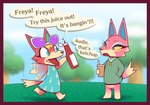 animal_crossing anthro audie_(animal_crossing) border canid canine canis clothed clothing command conjoined_speech_bubble cute_fangs dialogue duo element_drop_shadow english_text eyewear eyewear_on_head fangs female food freya_(animal_crossing) glasses humor ketchup ketchup_bottle mammal name_drop name_in_dialogue nintendo r-mk red_border speech_bubble speech_bubble_drop_shadow standing sunglasses sunglasses_on_head talking_to_another teeth text wolf