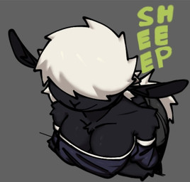 anthro arm_tuft big_breasts black_body black_fur bottomwear breasts cleavage cleavage_overflow clothed clothing female fur green_text grey_background hair hair_over_eyes mouth_closed shoulder_tuft simple_background smile solo text topwear tuft white_hair xarop77 sheep_(xarop77) bovid caprine mammal sheep 2024 digital_drawing_(artwork) digital_media_(artwork)