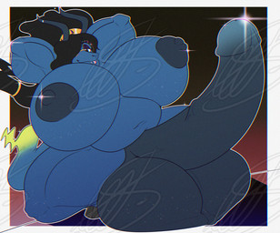 anthro areola balls big_balls big_breasts big_butt big_penis black_hair blue_body border breasts butt crouching erection eyewear fur genital_raphe genitals glasses gynomorph hair hair_over_eye hands_behind_head hooves horn huge_balls huge_breasts huge_penis hyper hyper_balls hyper_breasts hyper_genitalia hyper_penis intersex looking_at_viewer nipples nude overweight overweight_gynomorph overweight_intersex penis raised_arms raphe_(anatomy) scrotal_raphe scrotum_flap simple_background smile solo tail thick_thighs vein veiny_penis wearing_glasses white_border shieradevil bovid caprine goat mammal 2025 digital_media_(artwork) flat_colors shaded