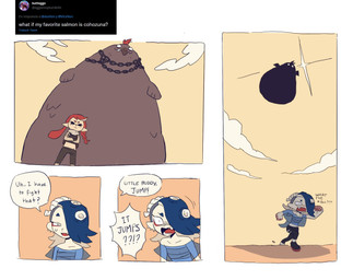 anthro attack belly female humor male overweight text duviten nintendo splatoon little_buddy_(splatoon) animal_humanoid aquatic aquatic_humanoid cephalopod cephalopod_humanoid cohozuna fish humanoid inkling king_salmonid mollusk mollusk_humanoid salmonid_(splatoon) comic english_text hi_res
