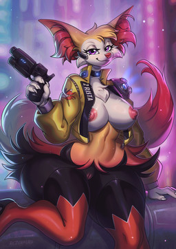 anthro areola biped boots breasts claws clothed clothed_anthro clothed_female clothing female female_anthro fingers footwear front_view fur genitals gun high_heeled_boots high_heels holding_gun holding_object holding_ranged_weapon holding_weapon inner_ear_fluff legwear navel nipples pink_areola pink_nipples pokemorph ranged_weapon shoes sitting smile solo tail thigh_boots thigh_highs tuft vulva weapon tlt_echelon nintendo pokemon braixen generation_6_pokemon pokemon_(species) 2026 digital_drawing_(artwork) digital_media_(artwork) hi_res