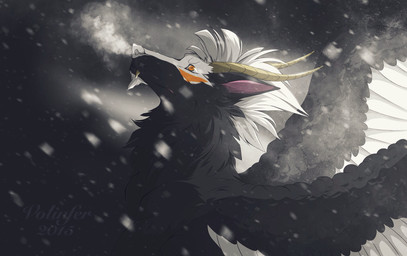 ambiguous_gender black_body black_feathers black_fur feathered_wings feathers feral fur hair horn solo white_hair wings volinfer canid canine canis mammal wolf 2015 digital_media_(artwork) hi_res