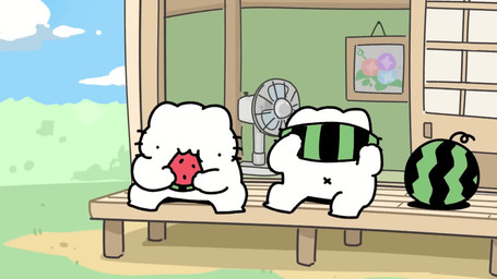 :3 aiming aiming_at_another aiming_gun aiming_weapon ambiguous_gender armor assault_rifle beady_eyes black_eyes broken_glass brown_body brown_ears brown_fur brown_tail building casual_nudity cheering closed_door cloud cracked_wall cracks destruction dirty dirty_face door door_handle doorknob dot_eyes duo eating eating_food electric_fan fan_(object) featureless_crotch floppy_ears flower fluffy fluffy_tail food fruit fur garden gesture glass grass group gun hand_gesture headgear headgear_only hedge helmet helmet_only holding_food holding_gun holding_object holding_ranged_weapon holding_weapon house humor improvised_armor improvised_helmet juice living_room looking_at_viewer lop_ears male melon monotone_body navel open_door open_mouth open_smile painting painting_(object) picture_frame plant porch raised_tail ranged_weapon rifle rooftop round_ears seed semi-anthro shack shooting shooting_gun short_tail shrub shrug simple_eyes sitting sitting_on_ground sky sliding_door smile smoke solo spinning spitting spread_legs spreading tail text throwing_object thumbs_up trio violence watermelon watermelon_slice weapon what whiskers white_body white_ears white_fur white_tail why window x_navel purinharumaki_karameru sound_warning matatabi_movie_labo canid canine canis domestic_cat domestic_dog felid feline felis mammal 16:9 2025 animated hi_res japanese_text short_playtime sound widescreen