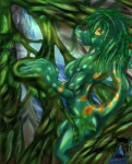 anthro breasts detailed_background featureless_breasts female forest looking_at_viewer nature non-mammal_breasts nude outside plant solo tail tree wood tokaga gecko iguana iguanid lizard reptile scalie hi_res