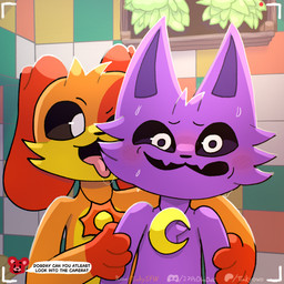 black_eyes blush blush_lines bodily_fluids charm_(jewelry) duo ears_down ears_up embarrassed embarrassed_male fur holding_arm hug jewelry licking male moon_symbol necklace orange_body orange_fur pivoted_ears plant pupils purple_body purple_fur saliva saliva_string smile speech_bubble sun_symbol sweat sweatdrop text tile tongue tongue_out white_pupils yellow_body yellow_fur tinky mob_entertainment poppy_playtime smiling_critters bobby_bearhug catnap_(poppy_playtime) dogday_(poppy_playtime) canid canine canis domestic_cat domestic_dog felid feline felis mammal absurd_res hi_res url