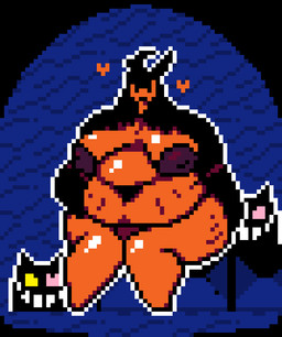 ambiguous_gender anthro belly big_belly big_breasts big_nipples breasts cellulite cloak clothing curvy_figure fangs group heart_symbol heterochromia horn huge_belly looking_at_another navel nipples overweight overweight_ambiguous smile smiling_at_another smiling_at_viewer stretch_marks teeth thick_thighs tongue tongue_out trio voluptuous felineflustered deltarune undertale_(series) friend_(deltarune) shadow_mantle_(deltarune) animate_inanimate domestic_cat felid feline felis mammal shadow_creature digital_media_(artwork) pixel_(artwork)