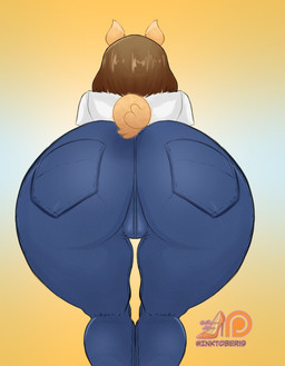 anthro bent_over big_butt blue_bottomwear blue_clothing blue_jeans blue_pants bottomwear brown_hair butt clothed clothing denim denim_bottomwear denim_clothing female fur hair jeans orange_background orange_body orange_fur pants rear_view short_hair simple_background solo thick_thighs topwear white_clothing white_topwear wide_hips madam_stiletto june_(jinu) canid canine canis domestic_dog mammal shiba_inu spitz hi_res
