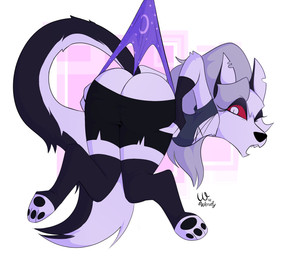 anthro bottomwear bottomwear_down butt butt_cleavage butt_focus clothed clothing female hand_on_butt looking_back panties partially_clothed rear_view shorts shorts_down solo underwear wedgie wofwendy hellaverse helluva_boss mythology loona_(helluva_boss) canid canid_demon canine demon hellhound mammal mythological_canine mythological_creature hi_res
