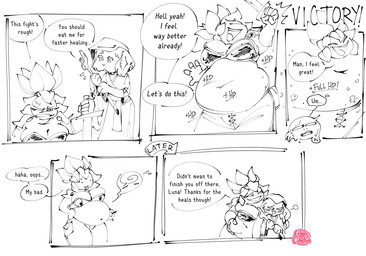 abdominal_bulge ambiguous_gender anthro breasts dialogue digestion duo embarrassed female female_pred fight gameplay_mechanics healing healing_vore magic melee_weapon oral_vore reformation soft_vore speech_bubble staff sword text vore weapon weight_gain eclairscollection nintendo pokemon demon generation_1_pokemon oddish pokemon_(species) black_and_white comic english_text monochrome