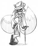 anthro cane clothed clothing cosplay domino_mask eyemask eyewear fully_clothed furgonomics gloves handwear hat headgear headwear male mask multi_tail simple_background smile solo suit tail white_background grose sega sonic_the_hedgehog_(series) miles_prower the_riddler canid canine fox mammal greyscale hi_res monochrome