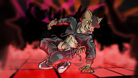 action_pose alternative_fashion anthro breasts chain clothed clothing dancing fishnet_clothing fishnet_thong fishnet_underwear footwear genitals gynomorph hoodie intersex penis pose public public_exposure rave red_light shoes silhouette skimpy sneakers solo teeth topwear underwear aka_meyneth junebug_(aka_meyneth) felid feline mammal serval hi_res trans_(lore) trans_woman_(lore)