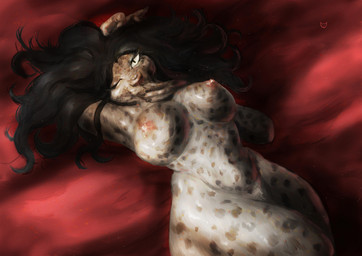 anthro armpit_fetish big_breasts breasts brown_hair erect_nipples female fur glistening glistening_body glistening_fur glowing glowing_eyes hair hand_on_mouth long_hair lying nipples on_back one_eye_closed pink_nipples red_background red_fabric romantic romantic_ambiance simple_background slightly_chubby small_waist solo spots tan_body tan_fur thick_thighs wavy_hair white_body white_eyes white_fur wide_hips wink umbraunderscore felid leopard mammal pantherine absurd_res hi_res