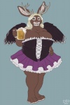 alcohol anthro antlers barmaid beer beverage big_breasts breasts clothed clothing container corset cup fangs female horn huge_breasts lingerie looking_at_viewer obese obese_anthro obese_female overweight overweight_anthro overweight_female smile solo standing stein teeth topwear wings dbd lagomorph mammal wolpertinger