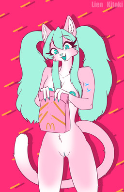 anthro bag blue_eyes breasts cat_tail cosplay female fluffy food fries genitals hair long_hair long_tail nails nude nude_anthro nude_female paper_bag ponytail smile smiling_at_viewer tail vulva lien_kitoki domestic_cat felid feline felis mammal hi_res
