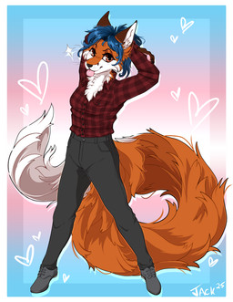 anthro biped blue_hair bottomwear claws clothed clothed_anthro clothing female finger_claws fingers flannel flannel_shirt footwear fur gradient_background hair heart_symbol looking_at_viewer orange_body orange_eyes orange_fur pants pose posing_for_the_viewer shirt shoes simple_background solo standing tail tongue tongue_out topwear jackalune sionnach canid canine fox mammal red_fox true_fox absurd_res hi_res trans_(lore)