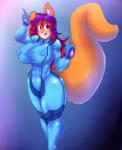 abs anthro big_breasts big_nipples bodysuit breasts clothing female fur hair huge_breasts nipple_outline nipples open_mouth purple_eyes skinsuit smile solo standing thick_thighs tight_clothing zero_suit pj1191 metroid nintendo fyxe canid canine fox mammal absurd_res hi_res