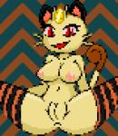 anthro anus breasts butt clothing female genitals legwear looking_at_viewer mostly_nude navel nipples open_mouth pokemorph presenting presenting_pussy pussy red_eyes simple_background smile solo spread_legs spreading thigh_highs whiskers imactuallygarbage nintendo pokemon felid feline generation_1_pokemon mammal meowth pokemon_(species) 2019 digital_media_(artwork) pixel_(artwork)