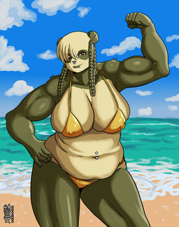 anthro barbell_piercing beach biceps big_breasts bikini braided_hair breasts clothing cloud curvy_figure eyebrow_piercing facial_piercing female flexing flexing_bicep gold_bikini hair hand_on_hip lip_piercing musclegut muscular muscular_anthro muscular_female navel navel_piercing nipple_outline nipple_piercing nipples nose_piercing overweight piercing piercing_outline sand sea smile solo swimwear thick_thighs two-piece_swimsuit voluptuous water wide_hips nattonna mappo_tofuu bear giant_panda mammal hi_res
