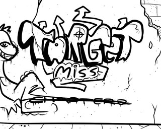 3_fingers cracks directional_arrow fingers graffiti looking_at_viewer sidewalk smile teeth text zero_pictured onihidden target_miss 5:4 black_and_white comic english_text monochrome