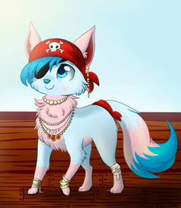 accessory blue_body blue_eyes blue_fur blue_hair blue_nose bracelet clothing eye_patch eyewear female feral feral_with_hair fur furgonomics hair hat headgear headwear heart_(marking) heart_symbol jewelry markings necklace outside pink_body pink_fur pirate smile solo standing tail tail_accessory tailband wraps ezpups bani_(ezpups) domestic_cat felid feline felis mammal 2015 digital_drawing_(artwork) digital_media_(artwork) shaded soft_shading