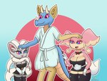 anthro bathrobe blue_body breasts clothing female gloves grey_body group handwear horn maid_uniform male pink_body robe tail trio uniform arturfox mythology nintendo pokemon audino cinccino dragon generation_5_pokemon mythological_creature mythological_scalie pokemon_(species) scalie hi_res