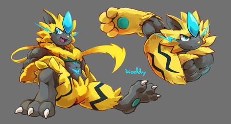 anthro biped blue_eyes fangs fur grey_background looking_at_viewer male multiple_angles muscular muscular_anthro muscular_male open_mouth simple_background sitting solo spread_legs spreading teeth yellow_body yellow_fur waddledox nintendo pokemon felid generation_7_pokemon legendary_pokemon mammal pokemon_(species) zeraora