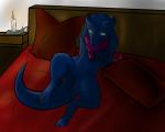 anthro bed blue_body blue_fur female flat_chested fur furniture genitals halo_horns horn mostly_nude pillow pussy solo spread_legs spreading signet vaessi_(signet) furred_kobold furred_scalie kobold mammal scalie 5:4