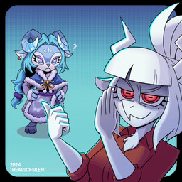 anthro blue_body blue_fur blue_hair bovid_horn caprine_horn curled_horn duo ear_piercing ear_ring female fur goat_horn hair hooves horn markings mole_(marking) mole_under_eye piercing purple_eyes red_eyes ring_piercing white_body white_fur white_hair theartofsilent gunfire_reborn helltaker goat_lucifer_(helltaker) lyn_(gunfire_reborn) bovid caprine caprine_demon demon goat mammal sheep 1:1