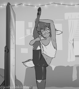 breasts camel_toe clothing crop_top deer_ears embarrassed female flexible hair mirror nipple_slip shirt short_hair slim small_breasts solo splits spread_legs spreading standing tail text topwear yoga_shorts kahunakilolani brooke_(kahunakilolani) deer humanoid mammal monochrome