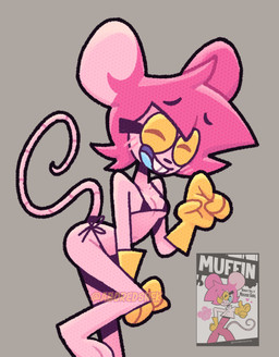 anthro bikini blue_tongue blush bra breasts buckteeth cleavage clothed clothing eyes_closed eyewear female glasses gloves hair handwear open_mouth pink_hair simple_background skimpy_bikini small_breasts smile solo swimwear tail teeth tongue triangle_bikini two-piece_swimsuit underwear aboredsnek_113 muffin_(goommymuffin) mammal mouse murid murine rodent 2025 hi_res