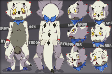 3_fingers anthro back_spikes balls biped black_markings black_spikes blue_claws blue_scarf blush blush_lines bodily_fluids butt claws cum cum_on_face expressions facial_horn fingers flaccid foreskin genital_fluids genitals grey_body horn horn_markings humanoid_genitalia humanoid_penis male markings mostly_nude multicolored_body multiple_poses nose_horn penis pose red_markings scarf scarf_only sharp_teeth solo spikes spikes_(anatomy) tail tail_markings teeth text two_tone_body white_body yellow_eyes ryudorubr bandai_namco digimon ceratopsian digimon_(species) dinosaur gammamon marginocephalian ornithischian prehistoric_species reptile scalie 2025 3:2 character_name digital_drawing_(artwork) digital_media_(artwork) expression_sheet hi_res model_sheet