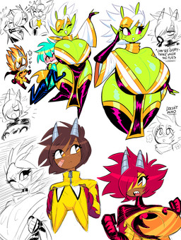 antennae_(anatomy) armwear bandage big_breasts blue_hair blush breasts brown_body brown_hair brown_skin cleavage clothed clothing curvy_figure elbow_gloves eyewear female fingerless_gloves fingers fire flaming_hair gloves green_body green_skin group hair handwear horn huge_breasts humanoid_pointy_ears legwear male not_furry pointy_ears pseudo_hair purple_hair sharp_teeth skimpy teeth text thick_thighs thigh_highs trio voluptuous white_body white_hair white_skin wide_hips theguywhodrawsalot penny_(theguywhodrawsalot) sara_(theguywhodrawsalot) valerie_(theguywhodrawsalot) alien alien_humanoid horned_humanoid human humanoid mammal absurd_res english_text hi_res