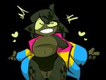 1-upclock 2024 amphibian anthro big_bulge black_background bulge clothing frog froggo_jay green_body hair heart_symbol hoodie male markings navel presenting simple_background smile solo spots spotted_body thick_thighs topwear underwear