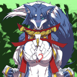 anthro big_breasts blue_body blue_eyes blue_fur breasts clothed clothing countershade_face countershade_torso countershading female fur kemono looking_at_viewer one_eye_closed skimpy solo white_body white_fur semoventoh concon-collector canid canine fox mammal 1:1 2013 japanese_description