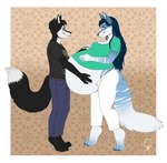 anthro belly big_belly black_body black_fur black_hair black_pawpads blue_body blue_eyes blue_fur blue_hair brown_eyes cheek_tuft closed_smile clothed clothing dipstick_tail duo eye_contact facial_tuft female fully_clothed_anthro fur glistening glistening_eyes hair huge_belly long_hair looking_at_another male markings mouth_closed no_pupils pattern_background pawpads pregnant pregnant_anthro pregnant_female short_hair side_view simple_background smile standing striped_markings striped_tail stripes tail tail_markings tuft white_body white_fur milk-jug belle_iclyn patrick_nightwind_(bender097) canid mammal 2021 absurd_res colored digital_drawing_(artwork) digital_media_(artwork) hi_res