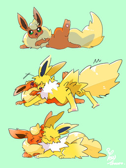 ambiguous_gender blue_background blush blush_lines bodily_fluids cuddling duo feral fur green_eyes open_mouth open_smile pawpads paws red_body red_ears red_fur simple_background smile sweat sweatdrop tan_body tan_fur white_body white_fur yellow_body yellow_ears yellow_fur mum_xxxx nintendo pokemon eeveelution flareon generation_1_pokemon jolteon pokemon_(species) hi_res
