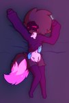 clothed clothing eyes_closed femboy fluffy footwear hair hands_on_belly hoodie lying machine male on_back pink_eyes purple_body purple_hair raised_clothing raised_topwear socks solo topwear sh4rik protogen hi_res