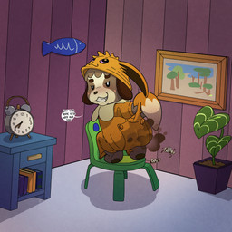 anthro blush book butt chair clock clothing dialogue fart fart_fetish feet froggy_chair furniture houseplant inside landscape_painting looking_at_viewer looking_back male male_farting on_chair onesie plant smile smirk solo text argon_vile animal_crossing nintendo pokemon digby_(animal_crossing) eevee generation_1_pokemon pokemon_(species) 1:1 english_text hi_res