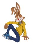 ambiguous_gender anthro bottomwear brown_body brown_fur clothed clothing facial_markings footwear fully_clothed fur head_markings hoodie markings mascot muzzle_(marking) pants rabbit_ears shoes smile sneakers snout snout_markings solo topwear whiskers kogito nesquik nesquik_bunny lagomorph leporid mammal rabbit hi_res