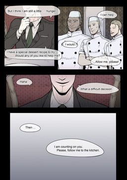 beard business_suit chair chef chef_hat chef_uniform close-up clothing dialogue eating facial_hair furniture gloves group hair handwear hat headgear headwear human_only male necktie not_furry plate short_hair sideburns sitting smile speech_bubble suit table text white_clothing dakr0819 human mammal 2015 absurd_res comic end_page english_text hi_res translated