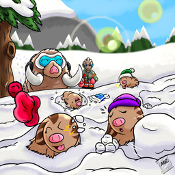beverage blue_eyes boxing_gloves candy chocolate clothing dessert earmuffs eyelashes eyes_closed female feral fluffy_fur food footprint group handwear happy hot_chocolate male markings motion_lines mountain open_mouth plant snout snow snow_angel snowball snowball_fight striped_markings stripes sun_glare sunny surprised throwing tree tusks winter_clothing mrtoastsandwich just_my_type nintendo pokemon big_mama_(just_my_type) fluffy_(chandrastone) ranger_jake_(just_my_type) generation_1_pokemon generation_2_pokemon generation_4_pokemon hitmonchan mamoswine pokemon_(species) swinub 1:1 hi_res mother_(lore) mother_and_child_(lore) parent_(lore) parent_and_child_(lore)