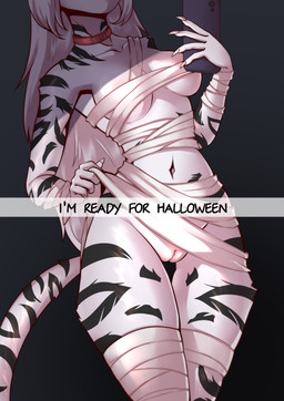 5_fingers anthro areola biped black_background black_body black_fur black_stripes breasts butt choker close-up clothed clothing colored_nails costume electronics female fingers fur genitals glistening glistening_body glistening_breasts glistening_genitalia gradient_background grey_background hair halloween_costume holidays jewelry long_hair markings mummy_costume mummy_wrappings nails navel necklace phone photo pink_areola pink_vulva seductive selfie simple_background solo striped_markings stripes tail text vulva white_body white_clothing white_fur white_hair white_nails white_vulva malkytea halloween felid feline felis mammal pantherine tiger 2025 cel_shading digital_drawing_(artwork) digital_media_(artwork) english_text hi_res shaded