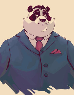 accessory anthro black_hair black_markings blue_clothing blue_topwear clothed clothing front_view fur hair looking_aside male markings mouth_closed narrowed_eyes necktie obese obese_anthro obese_male overweight overweight_anthro overweight_male red_necktie short_hair simple_background solo topwear white_body white_clothing white_fur white_topwear chocolateandmilk bear giant_panda mammal 2021 dated half-length_portrait hi_res portrait