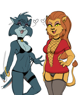 anthro barely_visible_underwear blue_body blue_fur bra bracelet breasts brown_body brown_fur brown_hair cigarette cleavage clothed clothing clothing_pull collar duo ear_piercing eyeshadow female fishnet_clothing fishnet_topwear fur hair head_tuft heart_symbol jewelry legband legwear looking_at_viewer makeup open_mouth panties partially_visible_underwear piercing shirt simple_background smile stockings topwear tuft underwear underwear_pull dbaru star_trek star_trek_the_animated_series the_raccoons donna_(the_raccoons) m'ress caitian domestic_cat felid feline felis mammal 2021 colored crossover hi_res