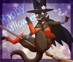 anthro big_breasts black_body black_fur breasts broom cleaning_tool clothed clothing dialogue female flying fur hat headgear headwear holidays legwear magic_user skimpy smile solo text trick-or-treating witch witch_hat melonleaf halloween domestic_cat felid feline felis mammal english_text